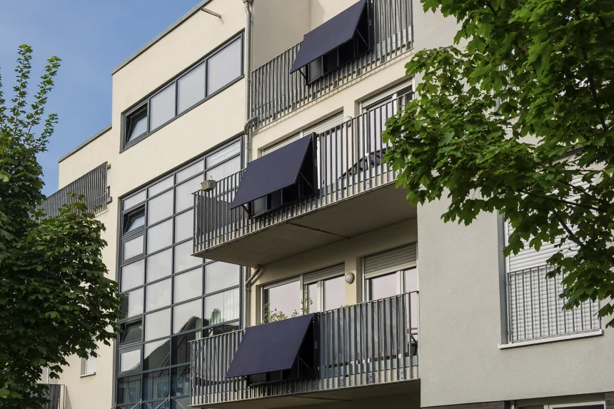 Balcony solar panels on an apartment block in Düsseldorf, Germany.